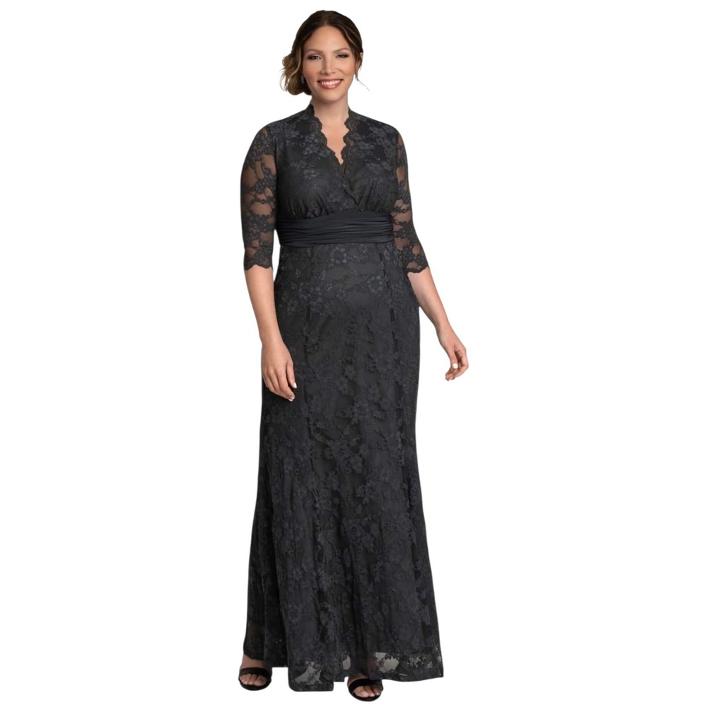 Kiyonna Plus Size 1 maxi Dress Screen Siren Evening Gown Black Lace Mother Bride
